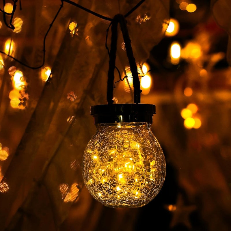 مجموعة المكونة من 4 قطع من فوانيس الطاقة الشمسية الزجاجية المتشققة الثقيلة مع 30 مصباح LED على شكل يراعات – مصباح معلق خارجي م��اوم للماء مع لوح شمسي أكبر بنسبة 215%، غطاء من الفولاذ المقاوم للصدأ، إضاءة زخرفية للحديقة والفناء والطاولة - Image 2