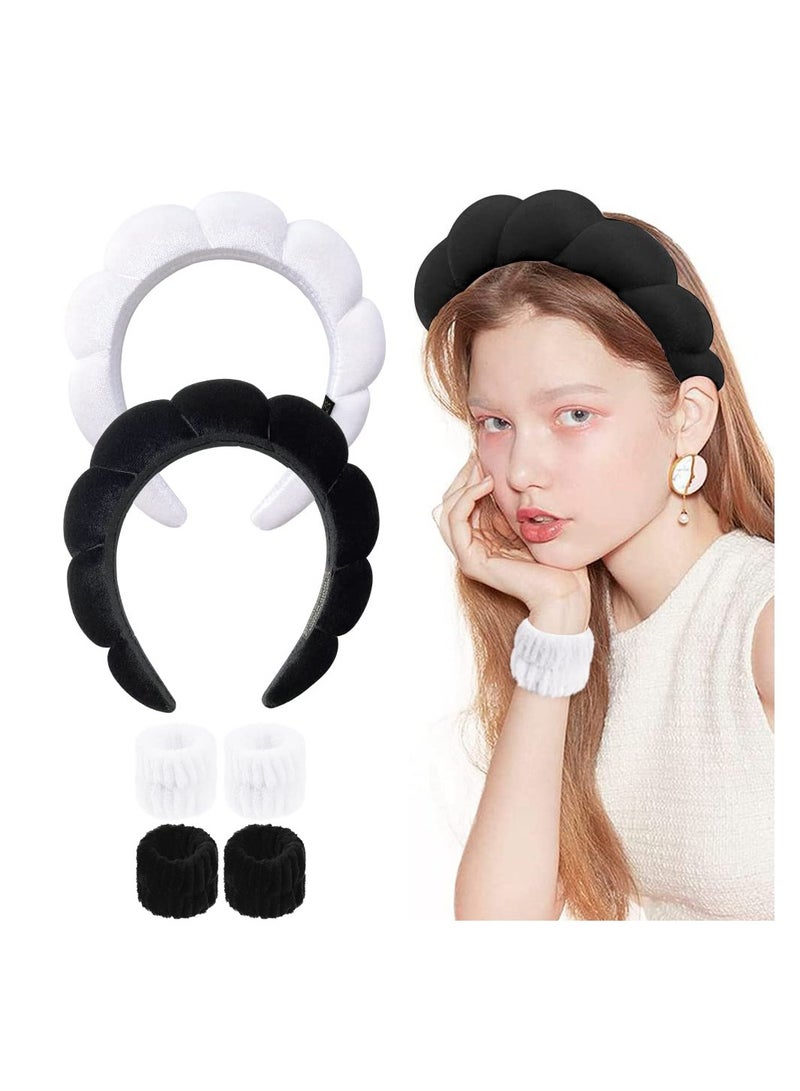 Excefore Spa Headband for Women, 2 Pack Sponge & Terry Towel Cloth Fabric Head Band for Skincare, Face Washing, Makeup Removal, Shower, Hair Accessories - Black & White - Image 1