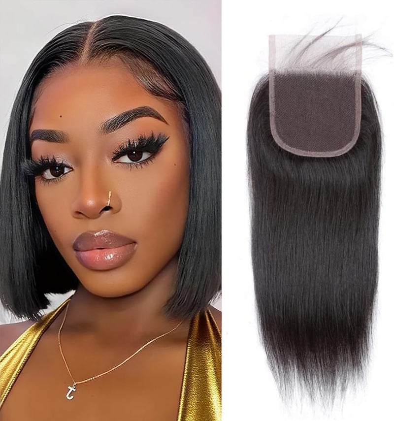 Selina Hair 4x4 Closure Brazilian Straight Lace Closure Human Hair Free Part Soft And Silky Natural Hair Color Black(8inch Straight, Free part) - Image 1