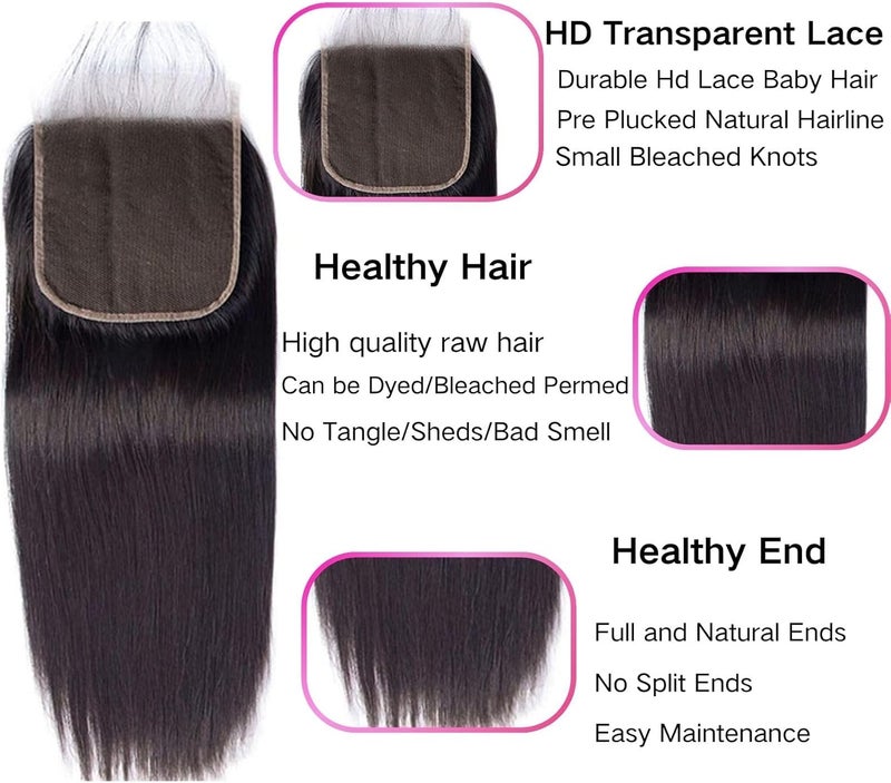 Selina Hair 4x4 Closure Brazilian Straight Lace Closure Human Hair Free Part Soft And Silky Natural Hair Color Black(8inch Straight, Free part) - Image 4