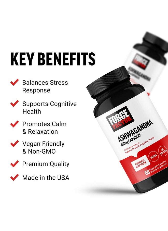 Force Factor FORCE FACTOR Ashwagandha Supplements Made with Premium Vegan Ashwagandha Powder, Adaptogens to Support Stress and Cognitive Health, No Gelatin, Non-GMO, 60 Capsules  - Image 2