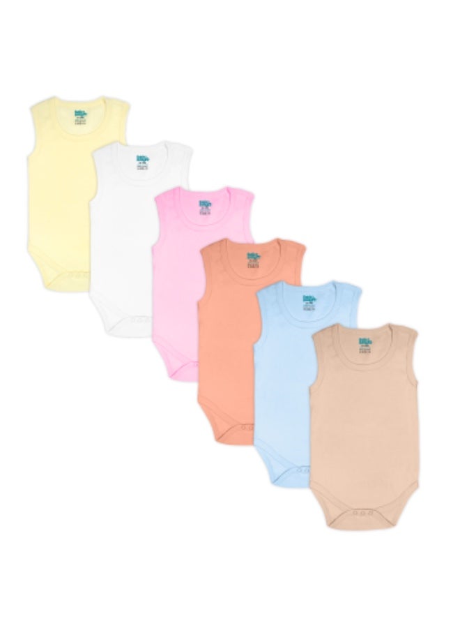 Babies Basic 100% Super Combed Cotton, Sleeveless Romper/Bodysuit, For New Born To 24Months, Set Of 6 - Blue, Orange, Brown, Pink, Lemon, White  - Image 1