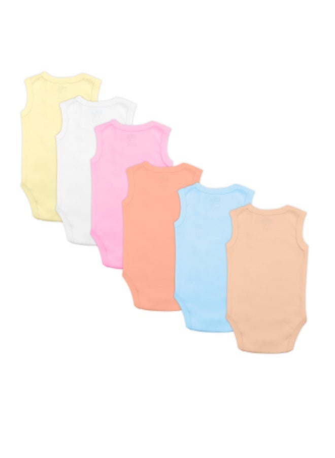 Babies Basic 100% Super Combed Cotton, Sleeveless Romper/Bodysuit, For New Born To 24Months, Set Of 6 - Blue, Orange, Brown, Pink, Lemon, White  - Image 2