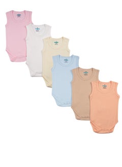 100% Super Combed Cotton, Sleeveless Romper/Bodysuit, For New Born To 24Months, Set Of 6 - Blue, Orange, Brown, Pink, Lemon, White