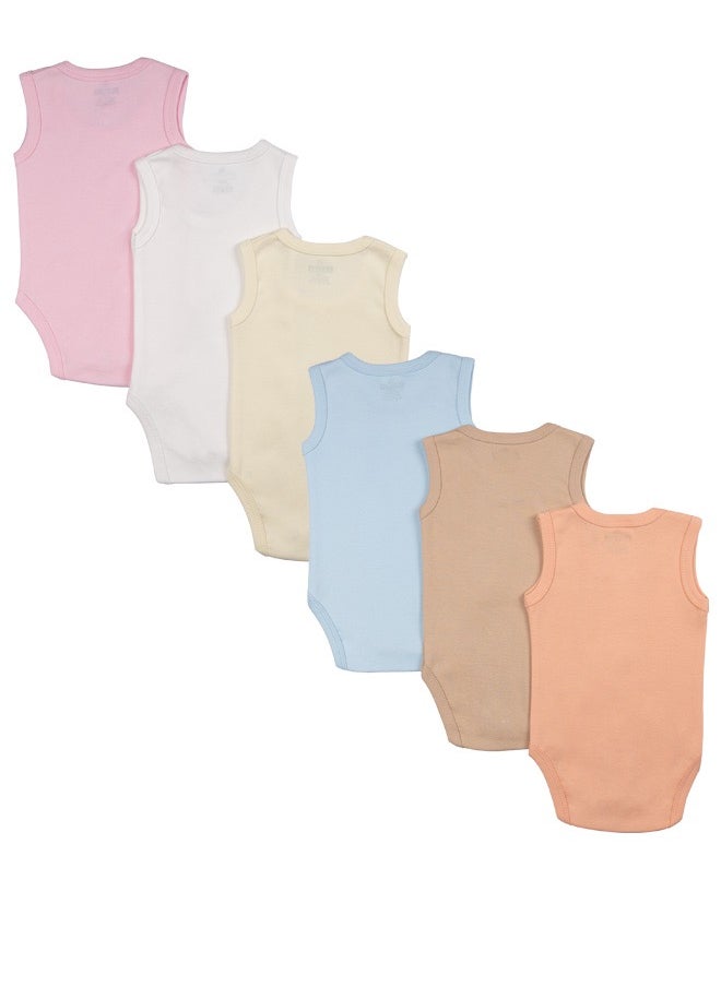 Babies Basic - 100% Super Combed Cotton, Sleeveless Romper/Bodysuit, For New Born To 24Months, Set Of 6 - Blue, Orange, Brown, Pink, Lemon, White - Image 1
