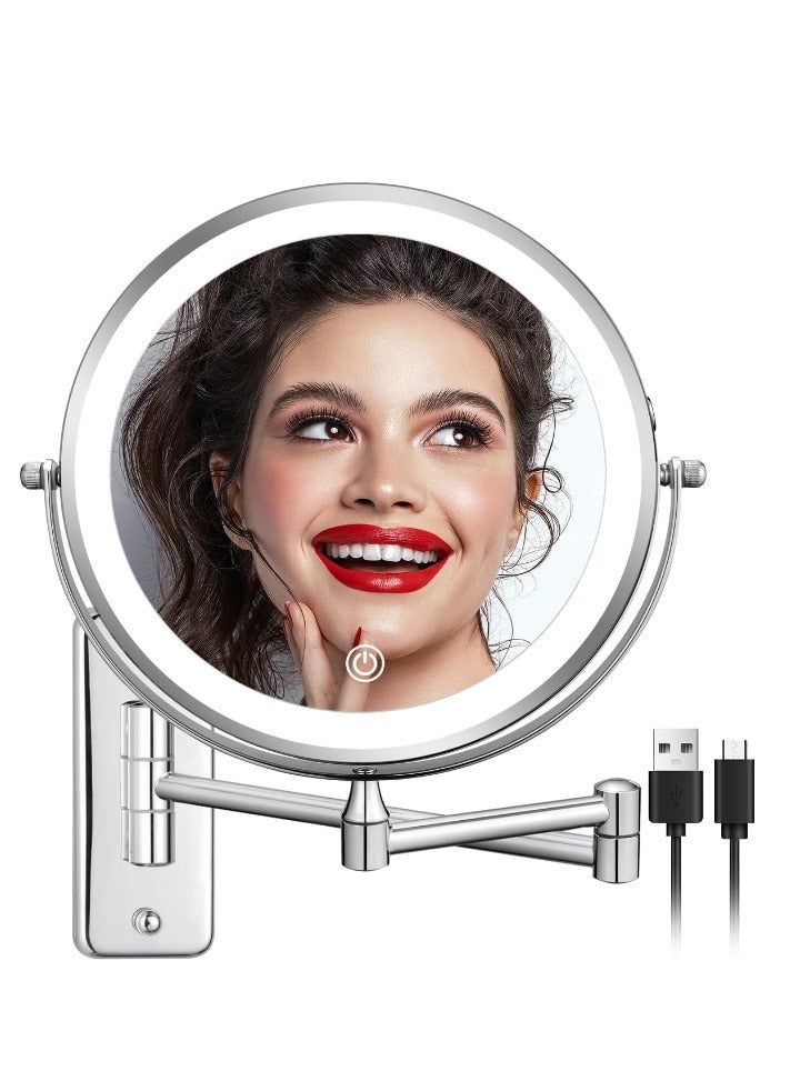 Rechargeable Wall Mounted Lighted Makeup Mirror 8 inch Double Sides 1X/10X Magnifying LED Makeup Mirror 3 Color Light Touch Screen Dimmable 360° Swivel Extendable Bathroom Mirror Shaving Mirror-Chrome - Image 1