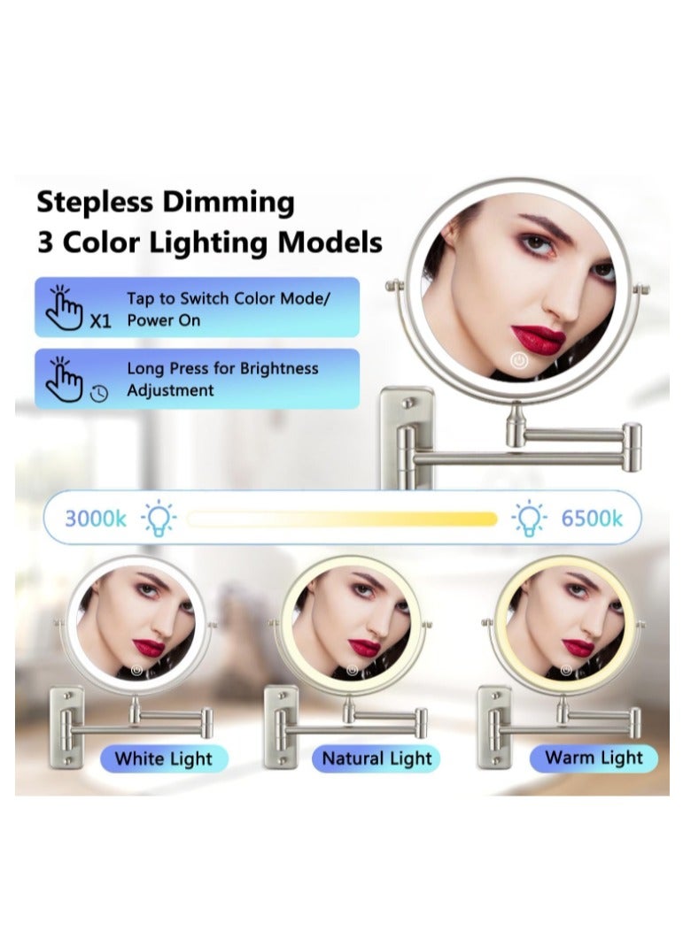 Rechargeable Wall Mounted Lighted Makeup Mirror 8 inch Double Sides 1X/10X Magnifying LED Makeup Mirror 3 Color Light Touch Screen Dimmable 360° Swivel Extendable Bathroom Mirror Shaving Mirror-Chrome - Image 2