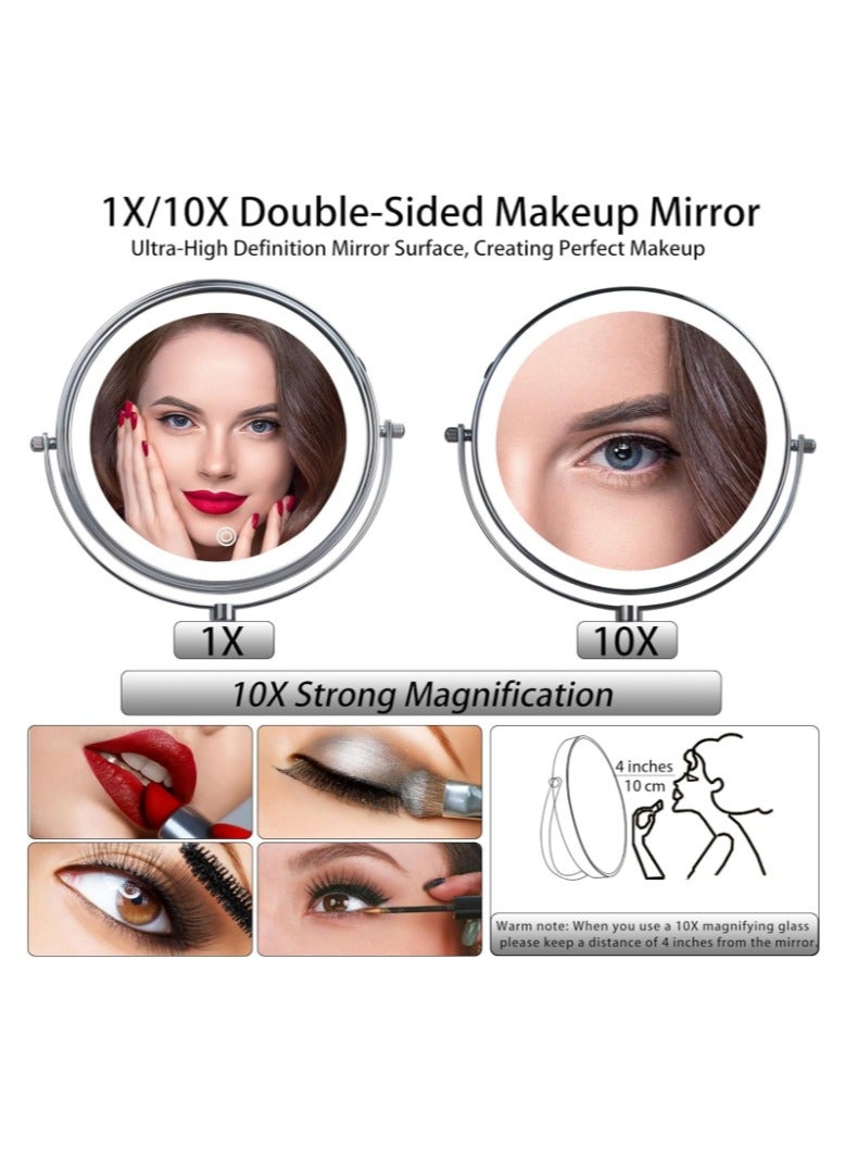 Rechargeable Wall Mounted Lighted Makeup Mirror 8 inch Double Sides 1X/10X Magnifying LED Makeup Mirror 3 Color Light Touch Screen Dimmable 360° Swivel Extendable Bathroom Mirror Shaving Mirror-Chrome - Image 3