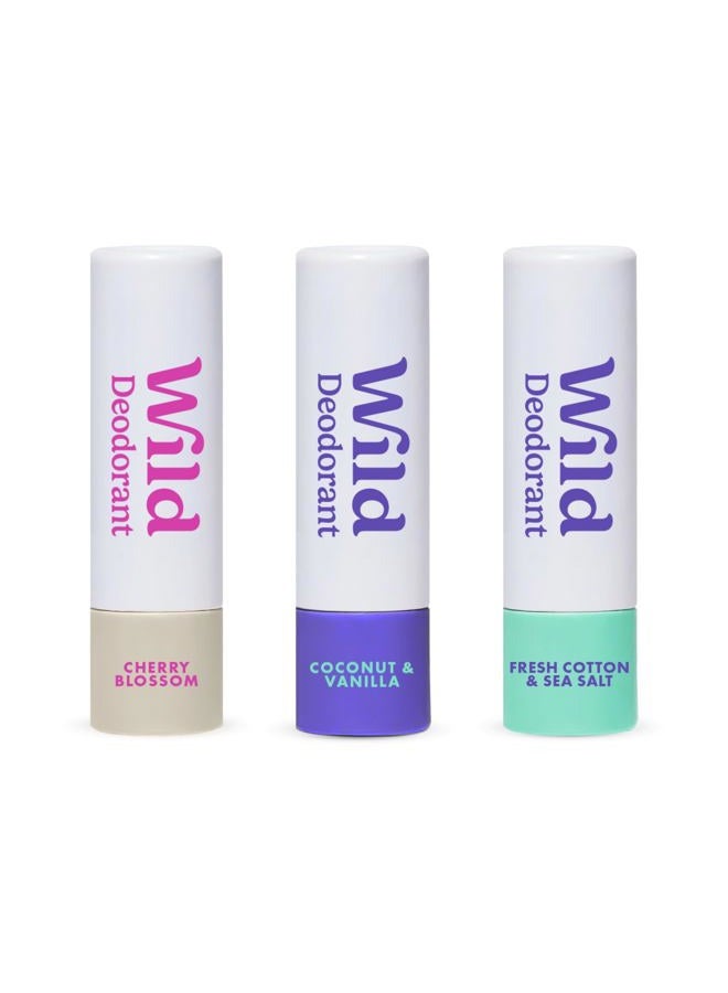 WILD Pack of 3 Aluminum Free Mini Deodorants - 98% Natural Origin Ingredients - Trial Size Great for Vacation & Travel - Vegan Friendly Long Lasting Protection - Zero Single Use Plastic - Image 1
