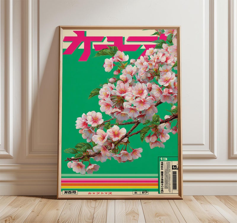 TNESSENTIAL Japanese Cherry Blossom Poster, Retro Cassette-Inspired Wall Art, Pink Sakura Flower Print, Modern Pop Art Decor with Vintage Aesthetic - Image 1