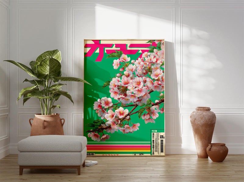 TNESSENTIAL Japanese Cherry Blossom Poster, Retro Cassette-Inspired Wall Art, Pink Sakura Flower Print, Modern Pop Art Decor with Vintage Aesthetic - Image 3