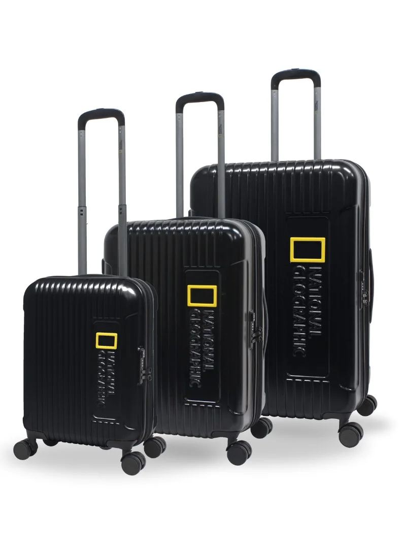 NATIONAL GEOGRAPHIC National Geographic Canyon ABS/PC Hardshell Luggage Set Black, Durable Lightweight Expandable Anti-theft Zipper TSA Lock Travel Suitcase, 4 Double Wheel 3pcs Trolley Bag (20+24+28 Inch).