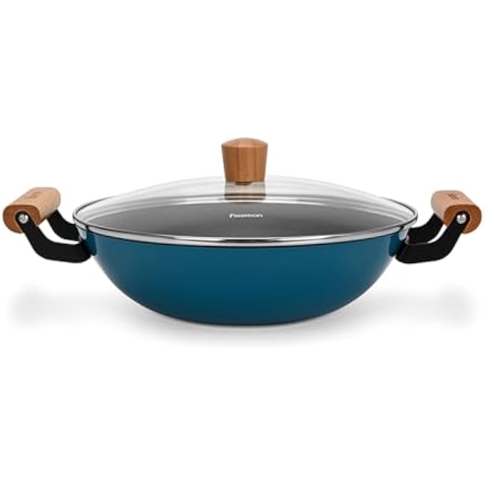 فيسمان مقلاة ووك سيجرين 28 سم 4 لتر مع غطاء زجاجي مطلي بالمينا، مقلاة عميقة غير لاصقة من الحديد الزهر خفيفة الوزن للقلي السريع والطهي اليومي - Image 4