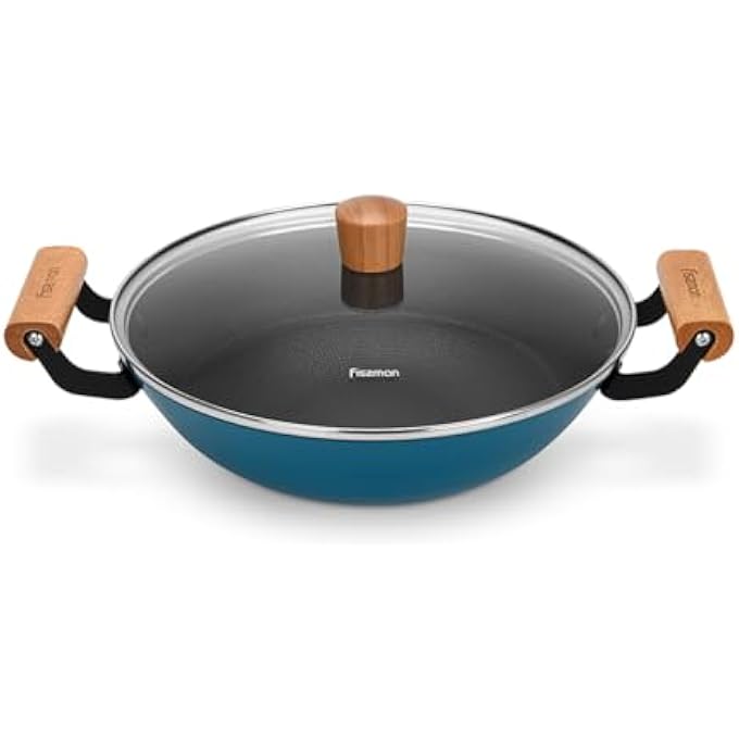 فيسمان مقلاة ووك سيجرين 28 سم 4 لتر مع غطاء زجاجي مطلي بالمينا، مقلاة عميقة غير لاصقة من الحديد الزهر خفيفة الوزن للقلي السريع والطهي اليومي - Image 5