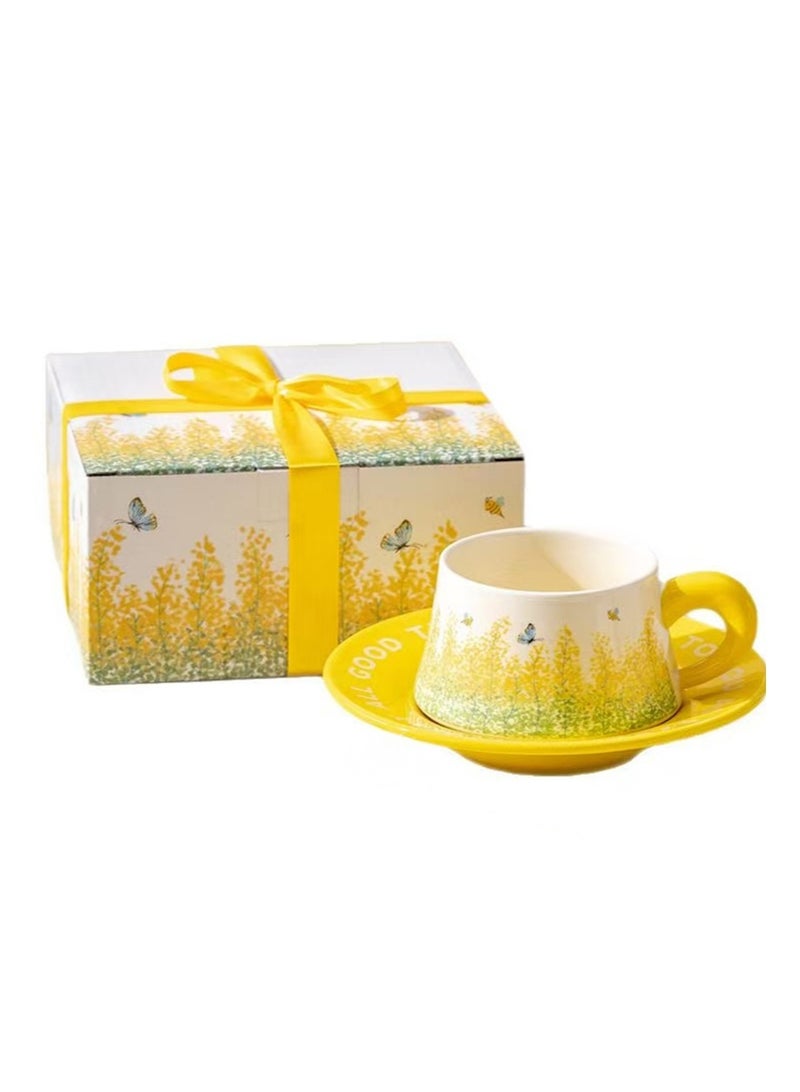 Aikanbo Ceramic Coffee Cup and Saucer Gift Box Set，Vintage Floral Design，Perfect for Espresso，Tea or Coffee Lovers， Gift Boxed for Home，Office or Special Occasion (Rapeseed Flowers) - Image 1