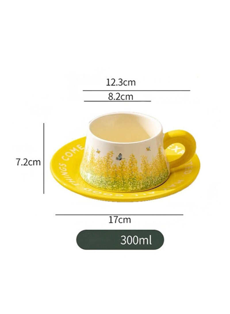 Aikanbo Ceramic Coffee Cup and Saucer Gift Box Set，Vintage Floral Design，Perfect for Espresso，Tea or Coffee Lovers， Gift Boxed for Home，Office or Special Occasion (Rapeseed Flowers) - Image 2