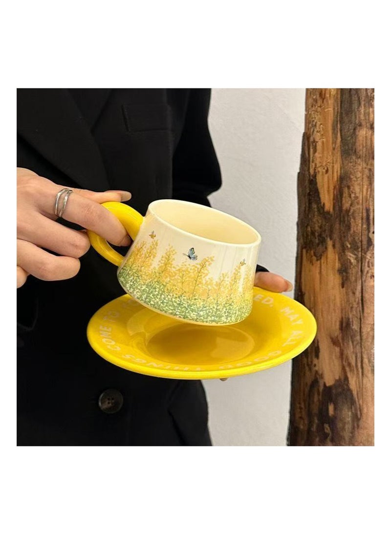 Aikanbo Ceramic Coffee Cup and Saucer Gift Box Set，Vintage Floral Design，Perfect for Espresso，Tea or Coffee Lovers， Gift Boxed for Home，Office or Special Occasion (Rapeseed Flowers) - Image 3