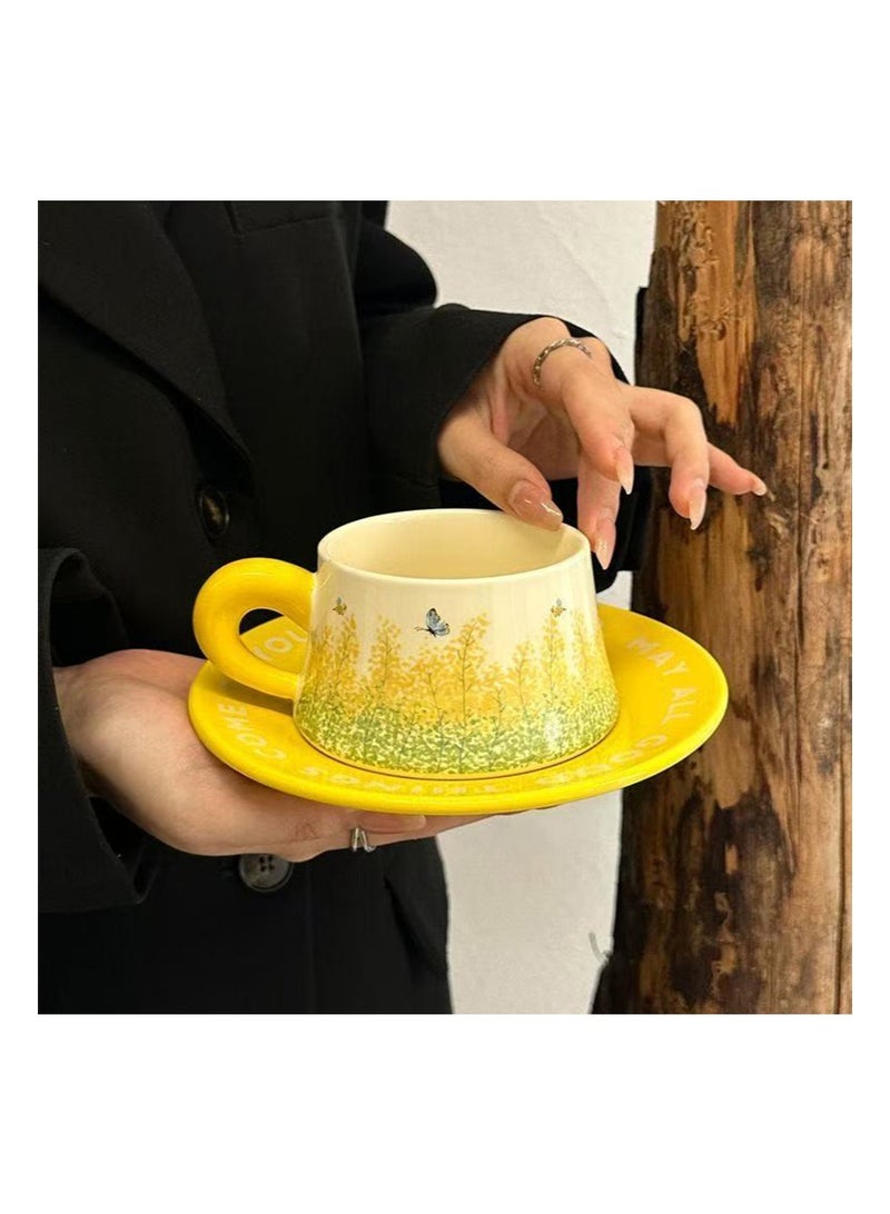 Aikanbo Ceramic Coffee Cup and Saucer Gift Box Set，Vintage Floral Design，Perfect for Espresso，Tea or Coffee Lovers， Gift Boxed for Home，Office or Special Occasion (Rapeseed Flowers) - Image 4