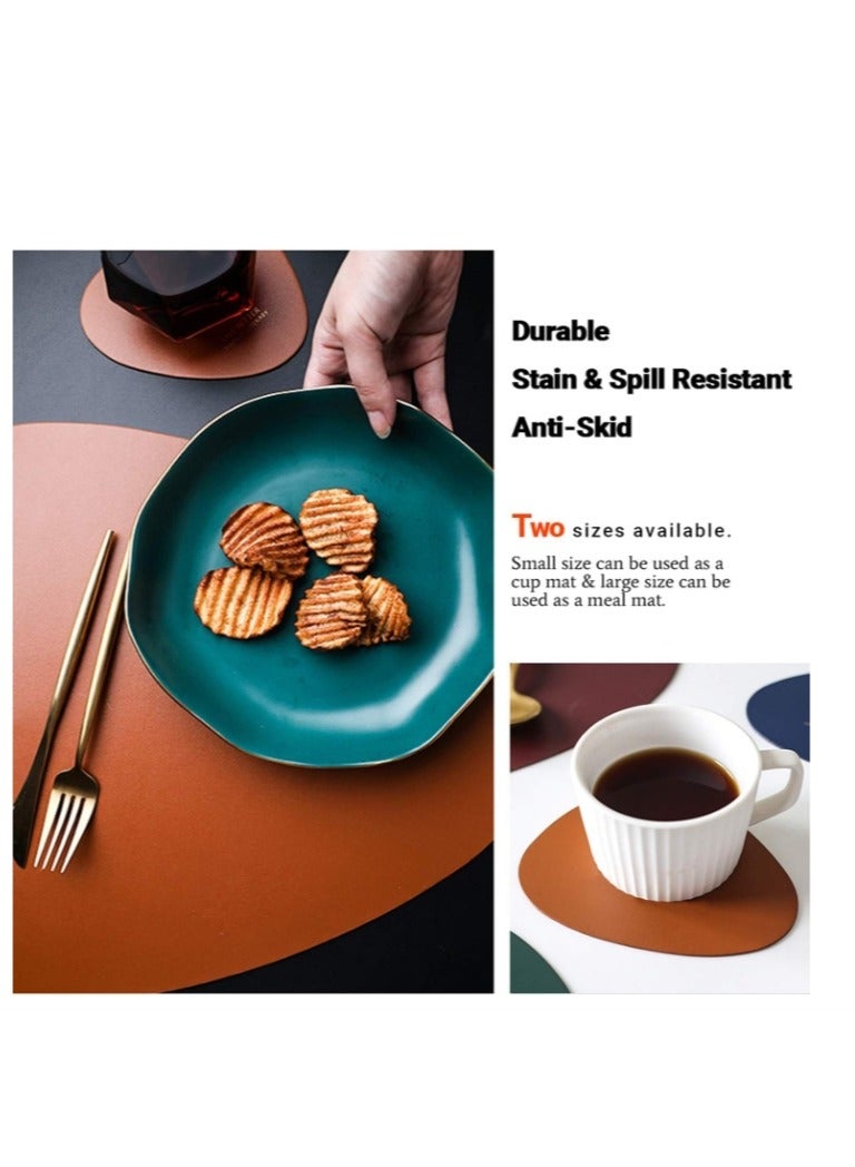 4 Pcs set Faux Leather Placemats and Coasters Set, Round Leather for Dinner Table Mats Heat Resistant Non-Slip Washable Insulation Coffee Mats Kitchen Place Mats Nordic Style Brown, 2 Placemats 2 Coasters - Image 2