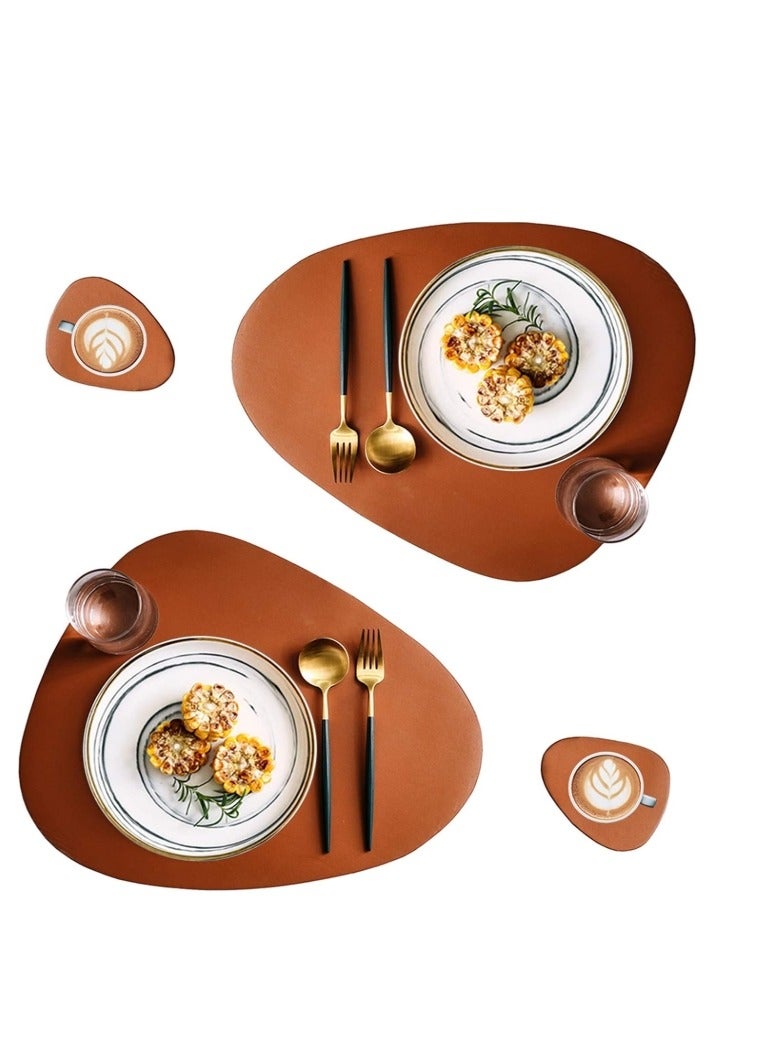 4 Pcs set Faux Leather Placemats and Coasters Set, Round Leather for Dinner Table Mats Heat Resistant Non-Slip Washable Insulation Coffee Mats Kitchen Place Mats Nordic Style Brown, 2 Placemats 2 Coasters - Image 4