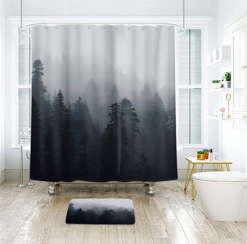 Riyidecor Gothic Fabric Dark Mens Shower Curtain Set for Bathroom 72Wx72H Inch Nature Tree Spooky Mountain Foggy Woodland Bath Curtain Outdoor Bathtub Accessories Art Decor 12 PCS Plastic Hook - Image 2