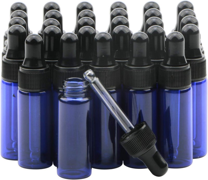 Rowiz 30pcs 5ml Small Dropper Bottles Essential Oils Glass Bottle Lotion Perfume Sample Vials with Glass Eye Dropper and Black Caps Pink Bottle. (Blue) - Image 1