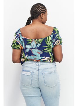 LASULA Women Square Neckline Short Sleeves Allover Print Top, Blue  - Image 3