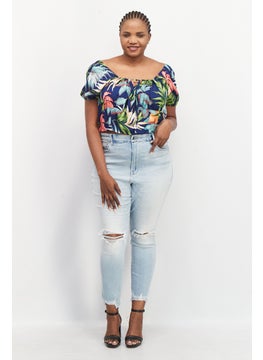 LASULA Women Square Neckline Short Sleeves Allover Print Top, Blue  - Image 4