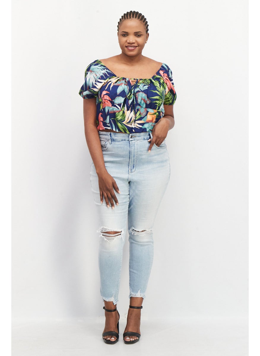 LASULA Women Square Neckline Short Sleeves Allover Print Top, Blue  - Image 4