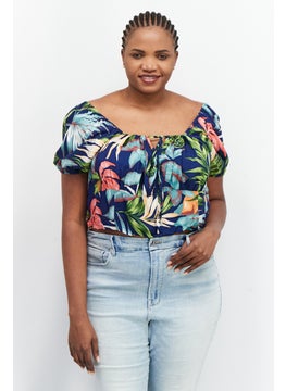 LASULA Women Square Neckline Short Sleeves Allover Print Top, Blue  - Image 1