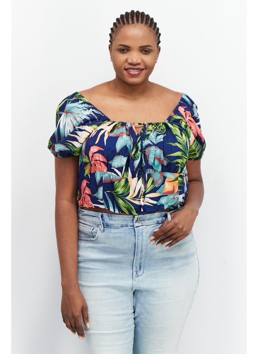 LASULA Women Square Neckline Short Sleeves Allover Print Top, Blue  - Image 1