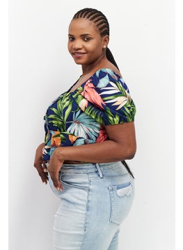 LASULA Women Square Neckline Short Sleeves Allover Print Top, Blue  - Image 2