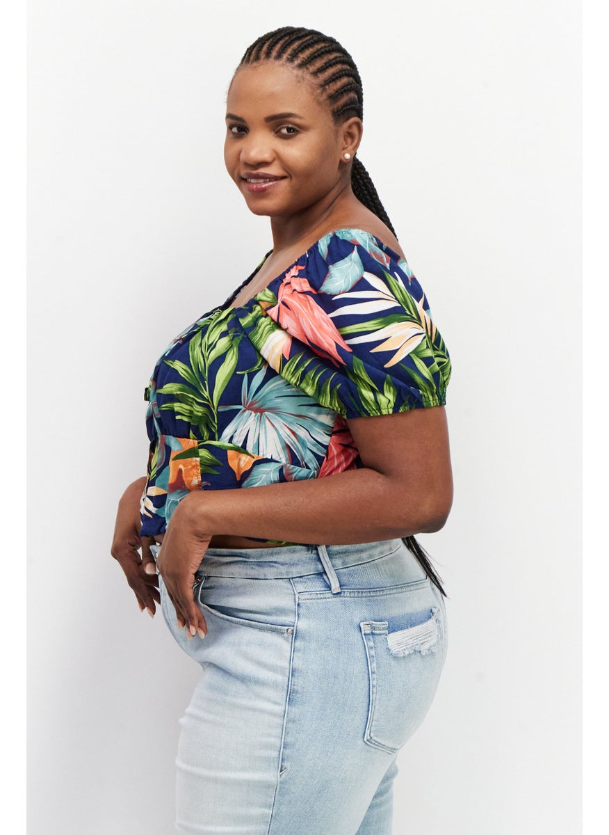 LASULA Women Square Neckline Short Sleeves Allover Print Top, Blue  - Image 2