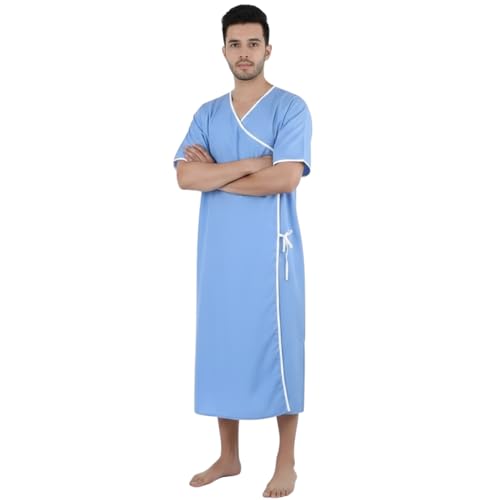 Rossify Patient Dress for Hospitals, Clinics & Nursing Homes | Comfortable Unisex Cotton Blend Patient Gown with Tie Closure | Easy Care Medical Wear for Men Blue - Image 2
