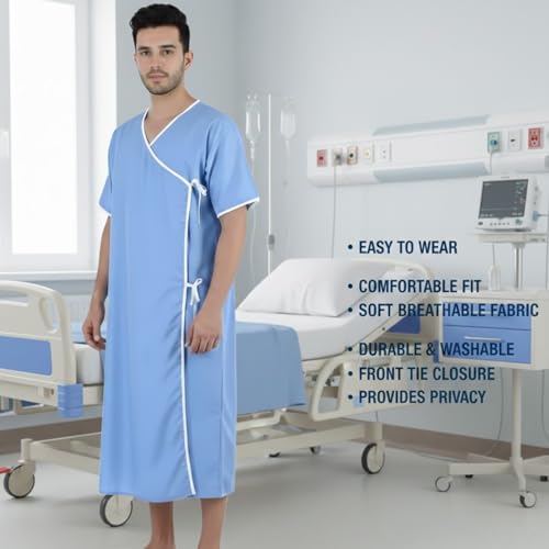 Rossify Patient Dress for Hospitals, Clinics & Nursing Homes | Comfortable Unisex Cotton Blend Patient Gown with Tie Closure | Easy Care Medical Wear for Men Blue - Image 5