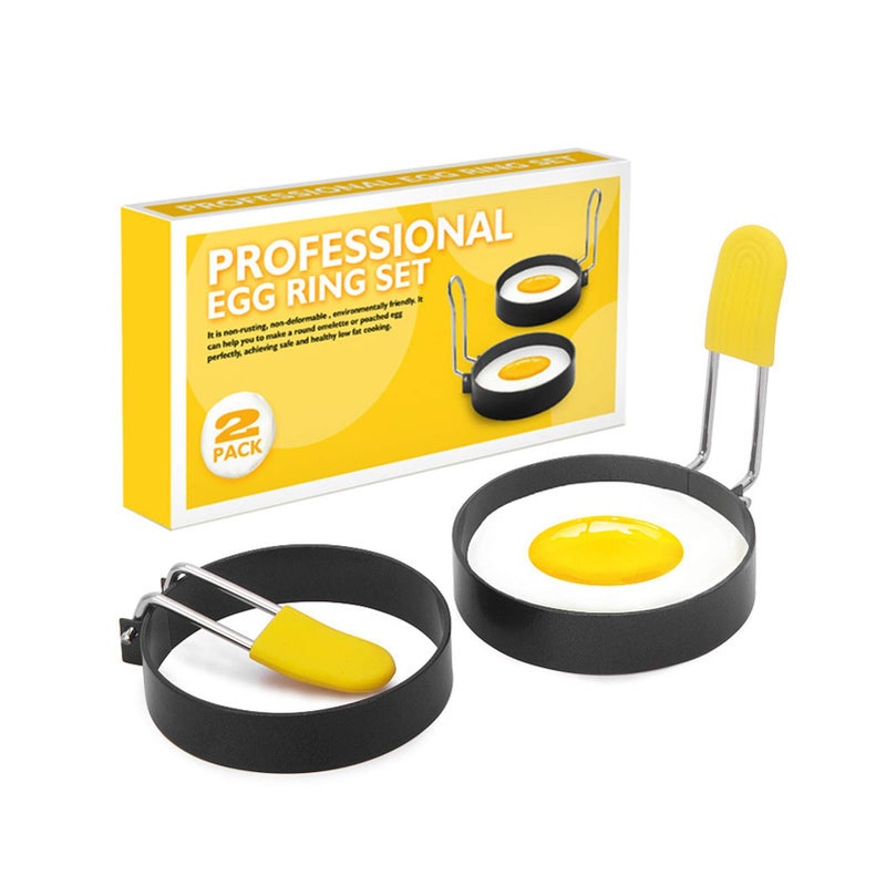 WE-CEF Egg Rings, Nonstick, Professional and Large, Stainless Steel, Black, Round, Set of 2 - Image 1