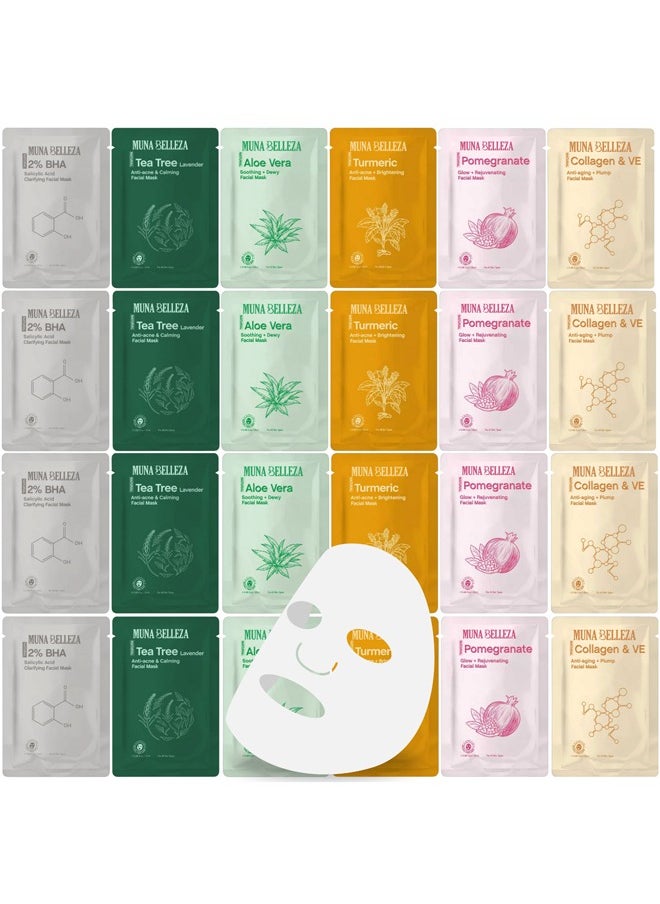 Korean Facial Mask Sheet Pack of 24 - Hydrating and Moisturizing for Fresh Skin Care, Suitable for All Skin Types 