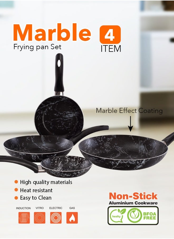 4 Piece Fry Pan Set 7-Layer Granite Coating Non-Stick Surface with Bakelite Handle 16-20-22-26 Black marble
