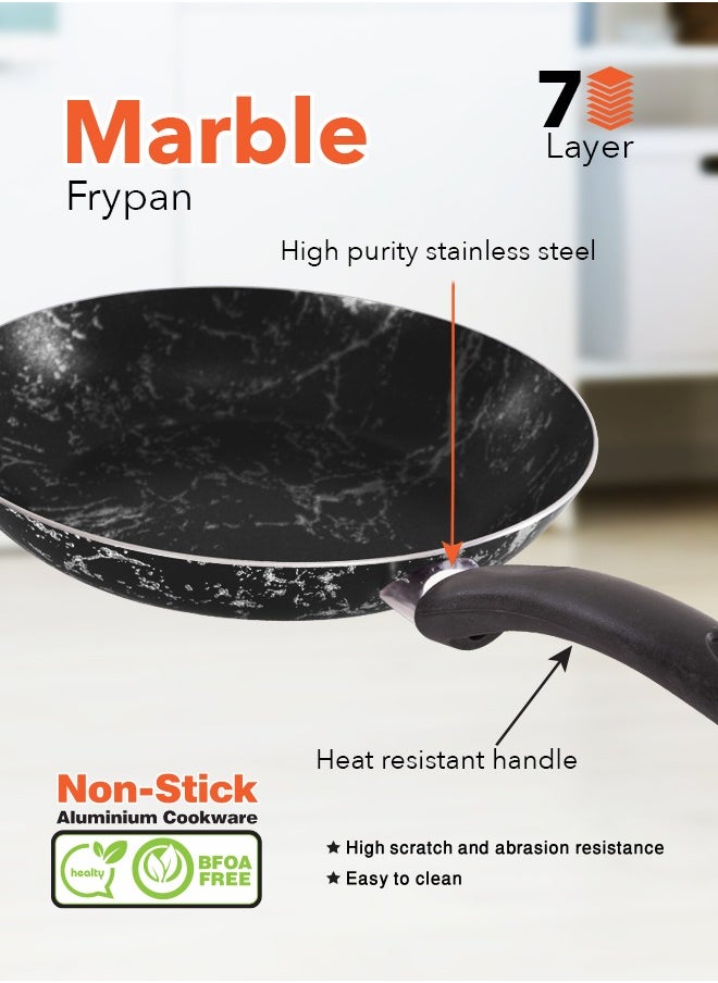 4 Piece Fry Pan Set 7-Layer Granite Coating Non-Stick Surface with Bakelite Handle 16-20-22-26 Black marble