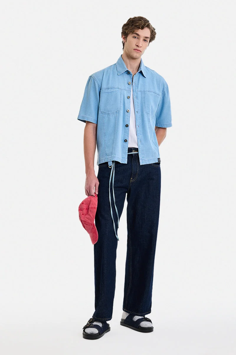 SNITCH Light Blue Printed Half Sleeve Oversized Shirt