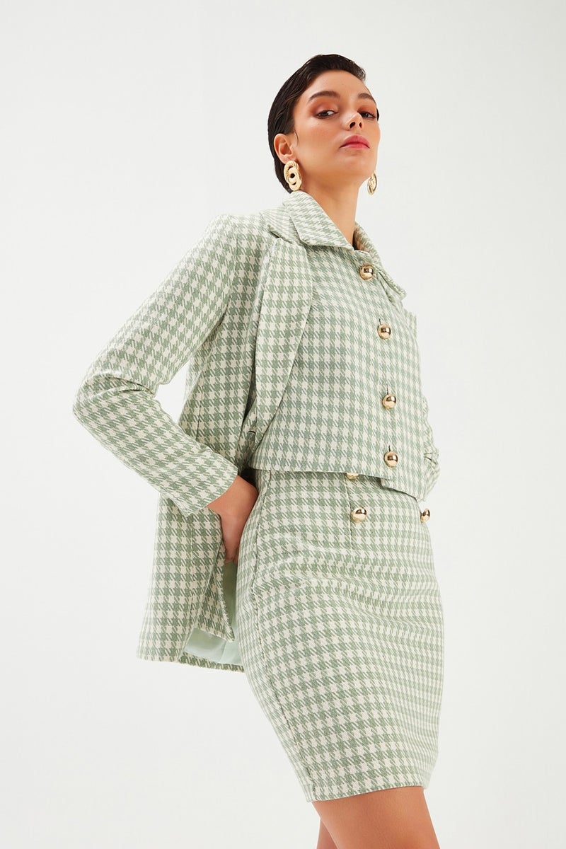 SATEEN Houndstooth Patterned Mini Skirt - Almond Green  - Image 2
