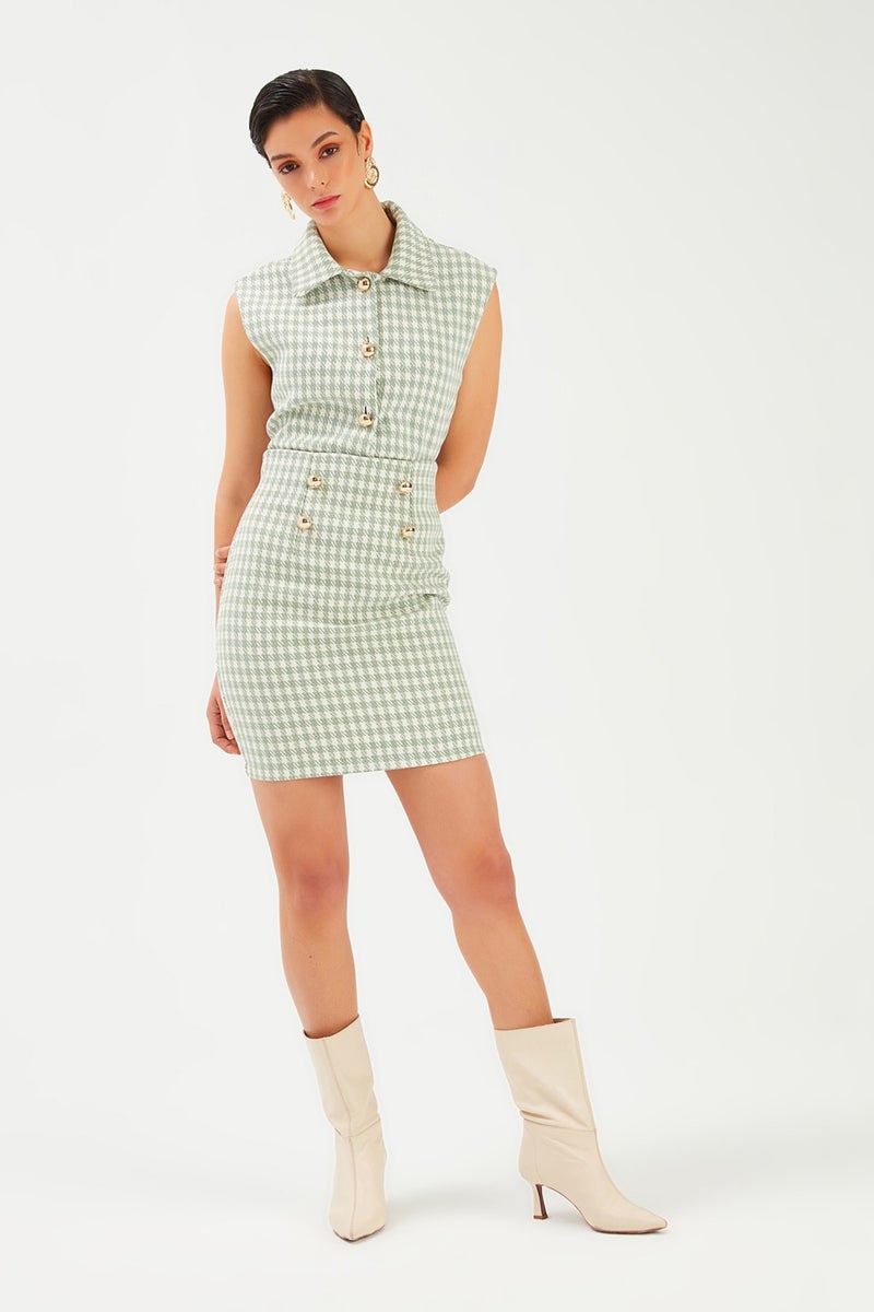 SATEEN Houndstooth Patterned Mini Skirt - Almond Green  - Image 3