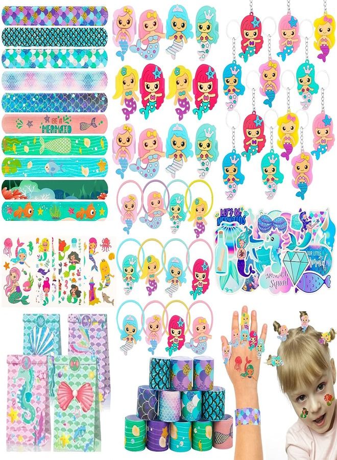 fashionhome Mermaid Party Favors Pack Mermaid Slap Bracelets Rings Keychain Mermaid Hair Rings Temporary Tattoos Stickers Party Pack for Kids Birthday Party Supplies  - Image 1