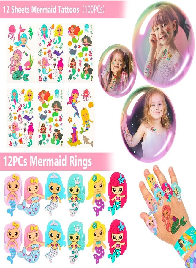 fashionhome Mermaid Party Favors Pack Mermaid Slap Bracelets Rings Keychain Mermaid Hair Rings Temporary Tattoos Stickers Party Pack for Kids Birthday Party Supplies  - Image 4