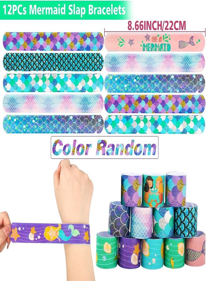 fashionhome Mermaid Party Favors Pack Mermaid Slap Bracelets Rings Keychain Mermaid Hair Rings Temporary Tattoos Stickers Party Pack for Kids Birthday Party Supplies  - Image 5