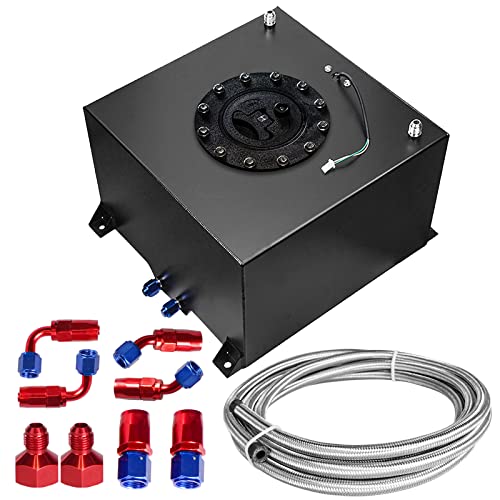 Dexepe Universal 5 Gallon 20L Fuel Cell Polished Aluminum Fuel Tank with Cap/Level Sender/12FT Oil Feed Line Black - Image 1