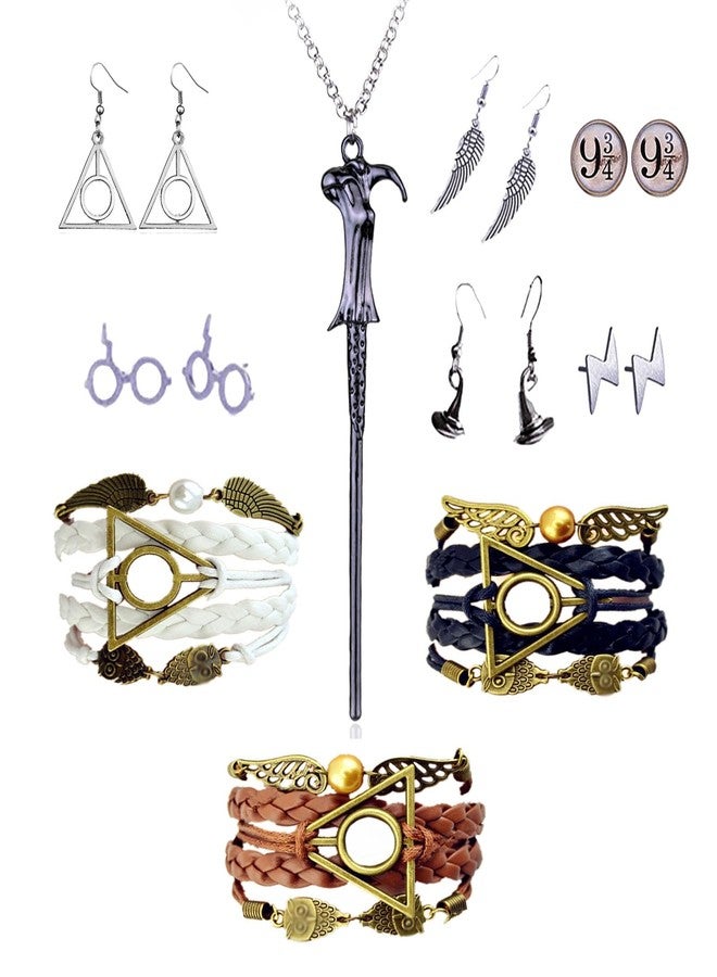HJYZY 10 pcs Retro Triangle Wings Lightning Magic Hat Glasses Earring Set Magic Wand Pendant Necklace Deathly Owls Charm with Black Leather Braid and Rope Bracelet - Image 1