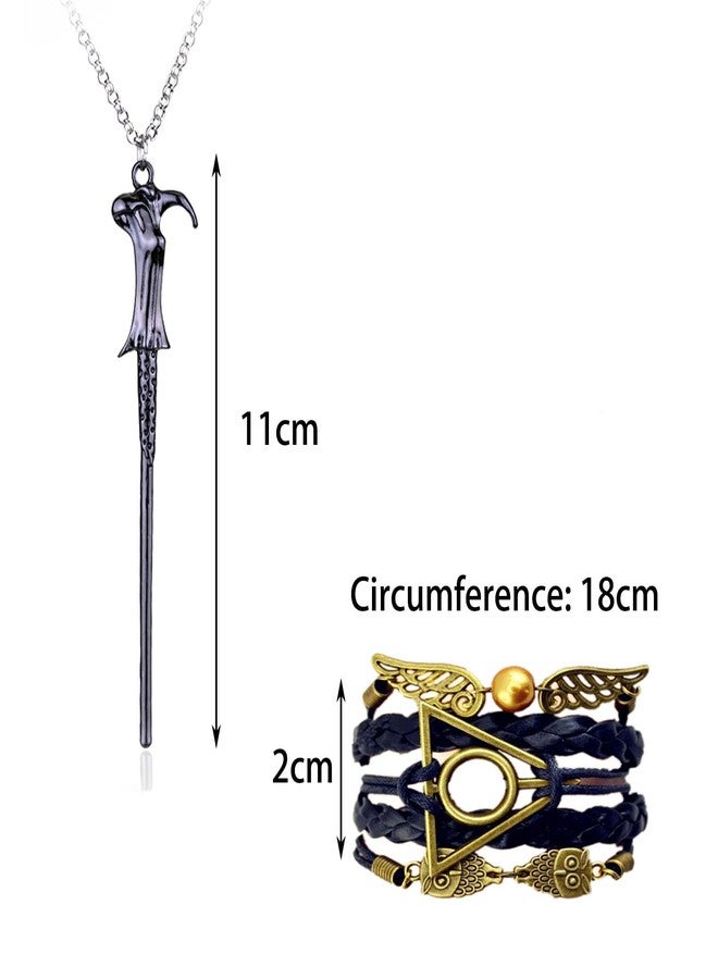HJYZY 10 pcs Retro Triangle Wings Lightning Magic Hat Glasses Earring Set Magic Wand Pendant Necklace Deathly Owls Charm with Black Leather Braid and Rope Bracelet - Image 3