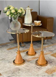 Living 3-piece glass service table set with gold/wooden steel bases  - Image 2