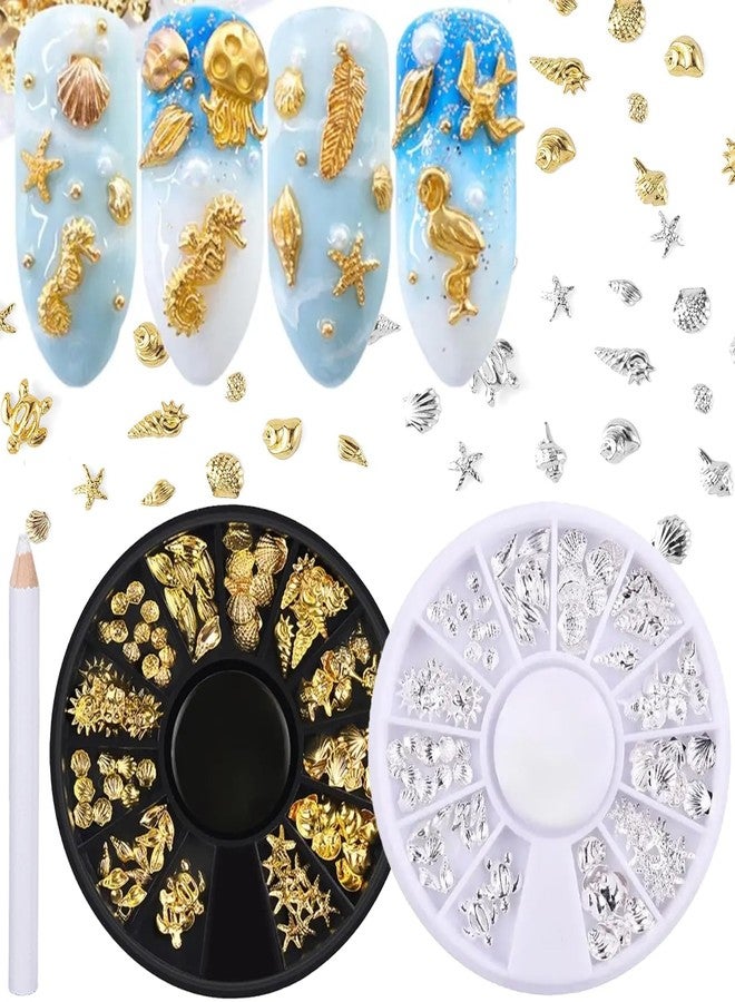 HYWWPFLAY 2 Disc Ocean Nail Art Charms, 3D Beach Nail Charms for Summer, Starfish, Seashell Nail Studs Jewelry, Alloy Gems Decorations for Women Manicure Salon with Pickup Pen & Tweezers - Image 1